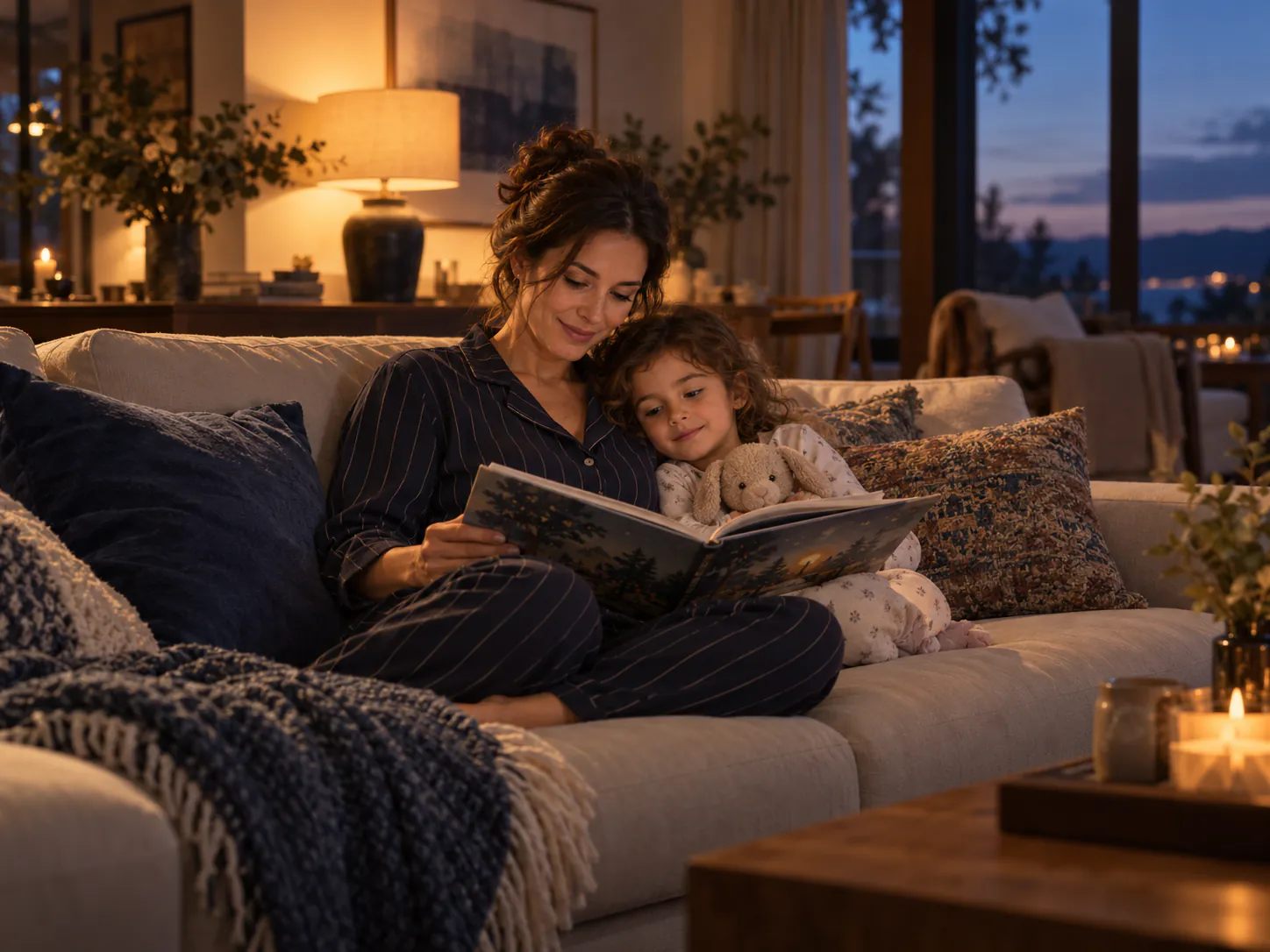 An off-duty physician sharing a quiet bedtime story with her child