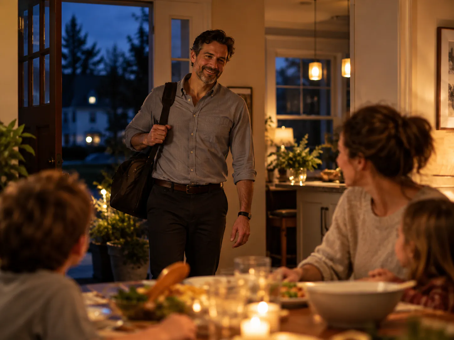 A physician arriving home to join family for dinner