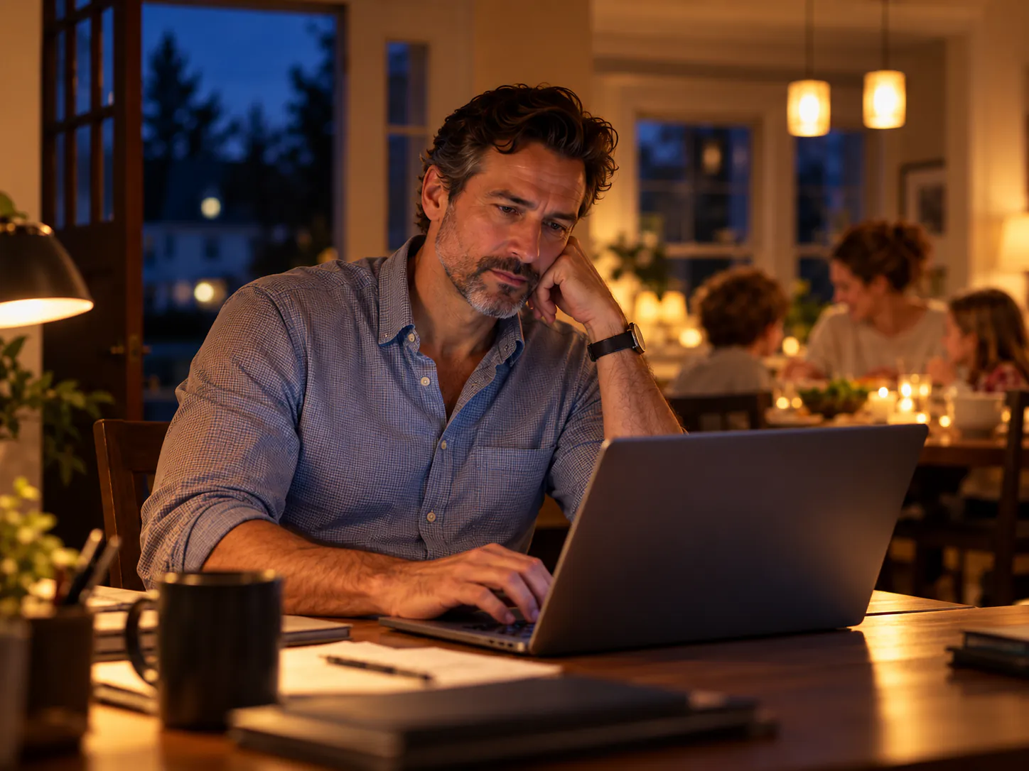 The same physician absorbed in late-evening chart work while family time continues nearby